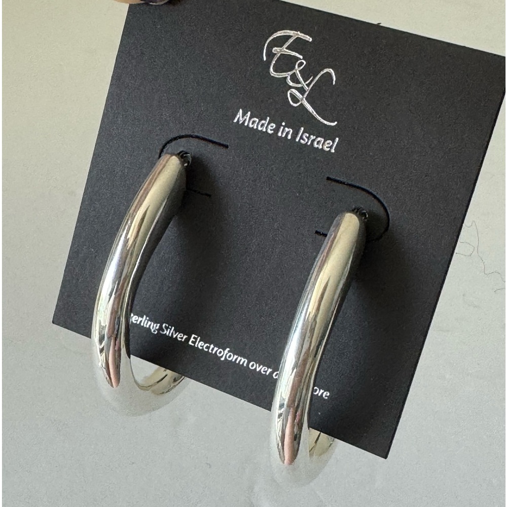 E&L Israel Sterling Silver Statement Long Hoop Electroform Earrings 2.5" long